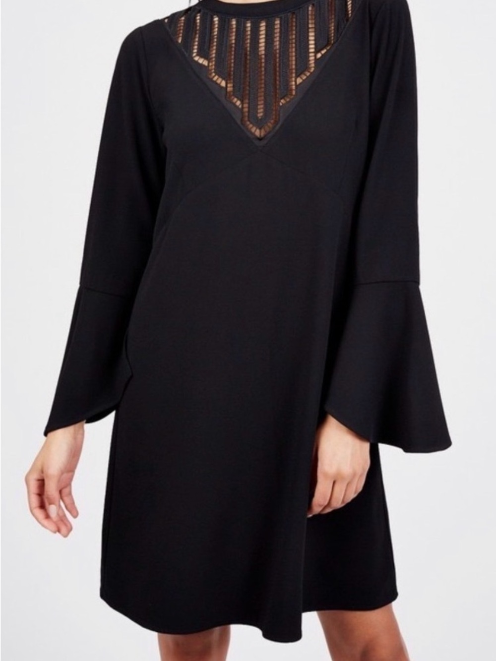 Black Midi Dress with Sheer Lace Yoke and Bell Sleeves
